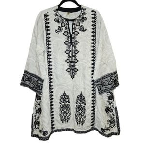 Ethnic by Outfitters Tunic Top Small White Black Embroider Bohemian Blouse Shirt